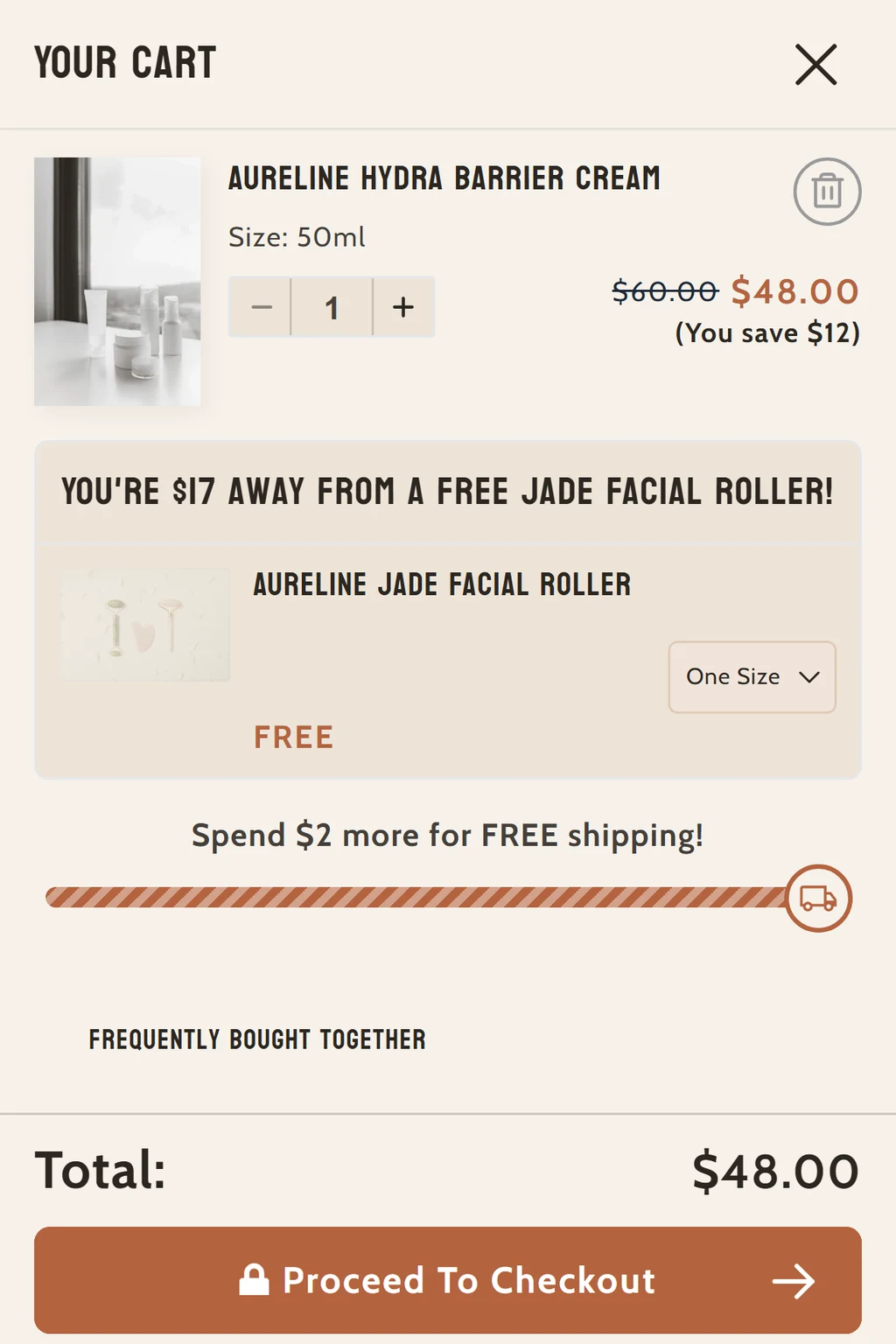 Pixelion cart drawer with a free-shipping bar on a phone