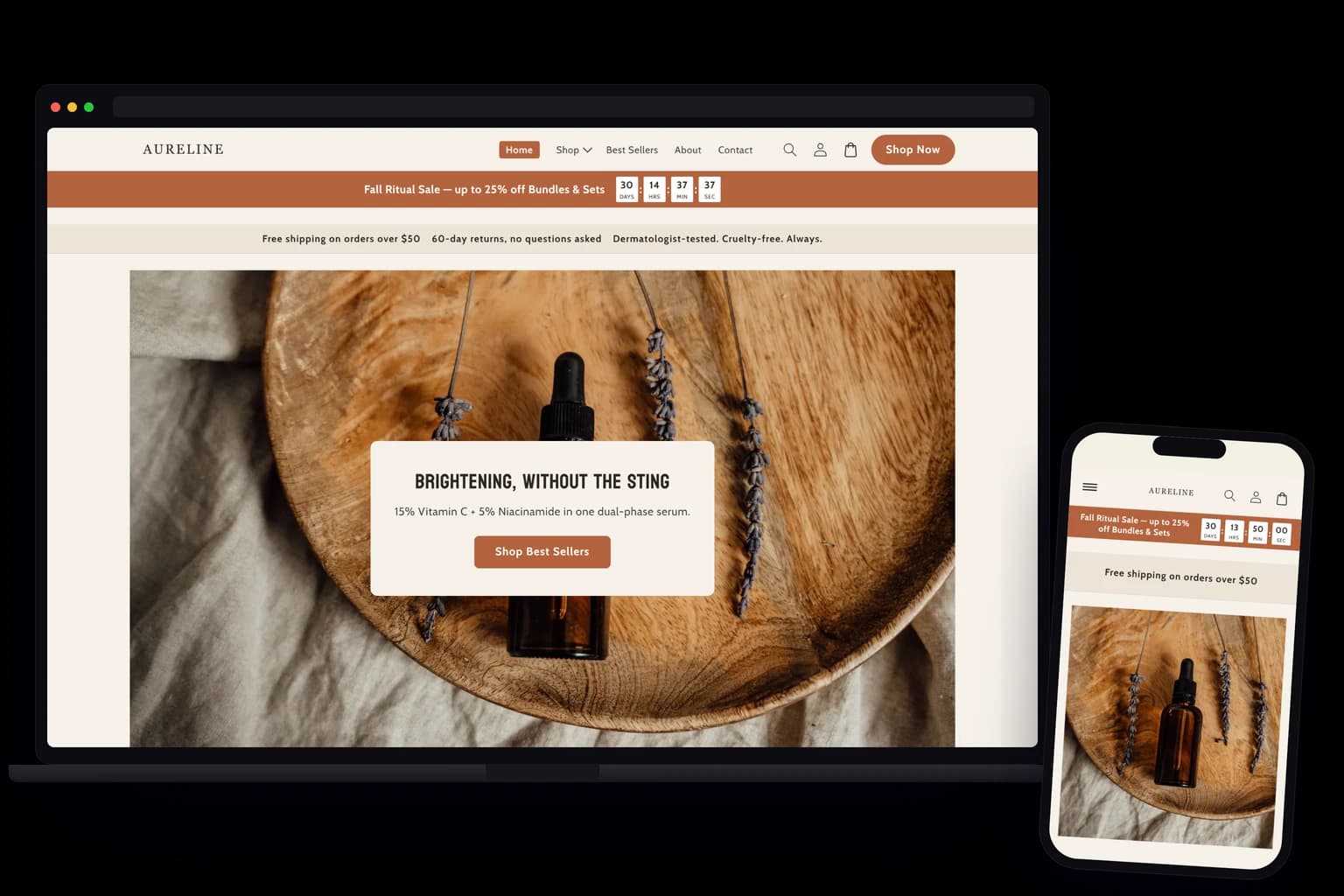 Shopify store running the Pixelion theme on laptop and phone
